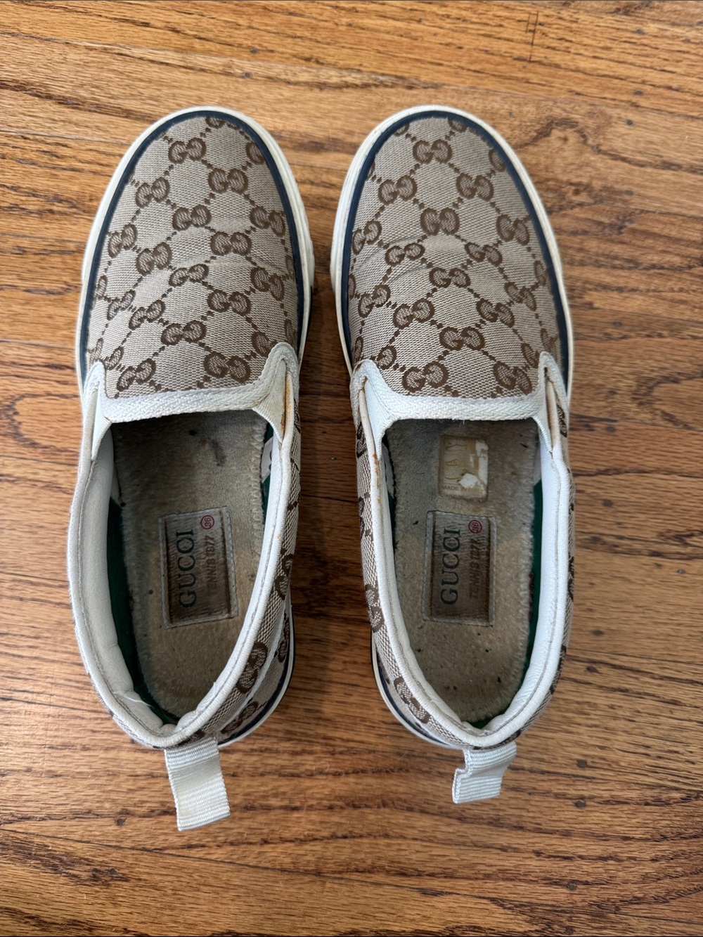 Gucci Classic GG supreme Brown Canvas Slip-On Sneakers with White Trim
